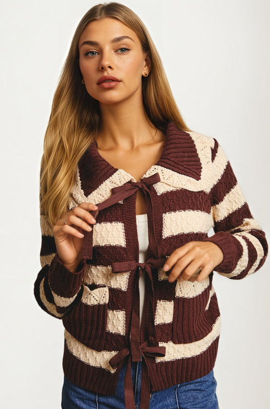 Striped Tie Front Cardigan with Textured Knit Detail