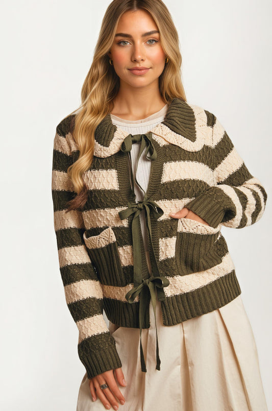 Striped Tie Front Cardigan with Textured Knit Detail