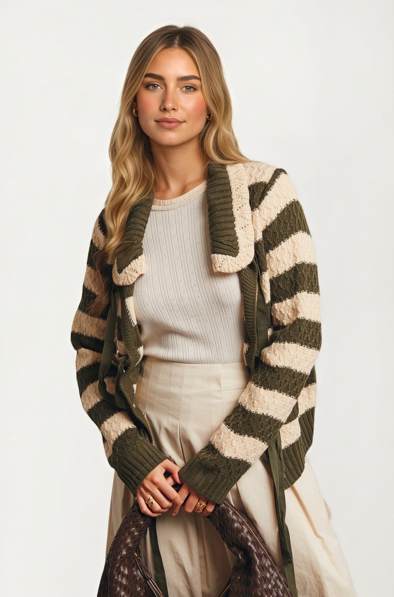 Striped Tie Front Cardigan with Textured Knit Detail