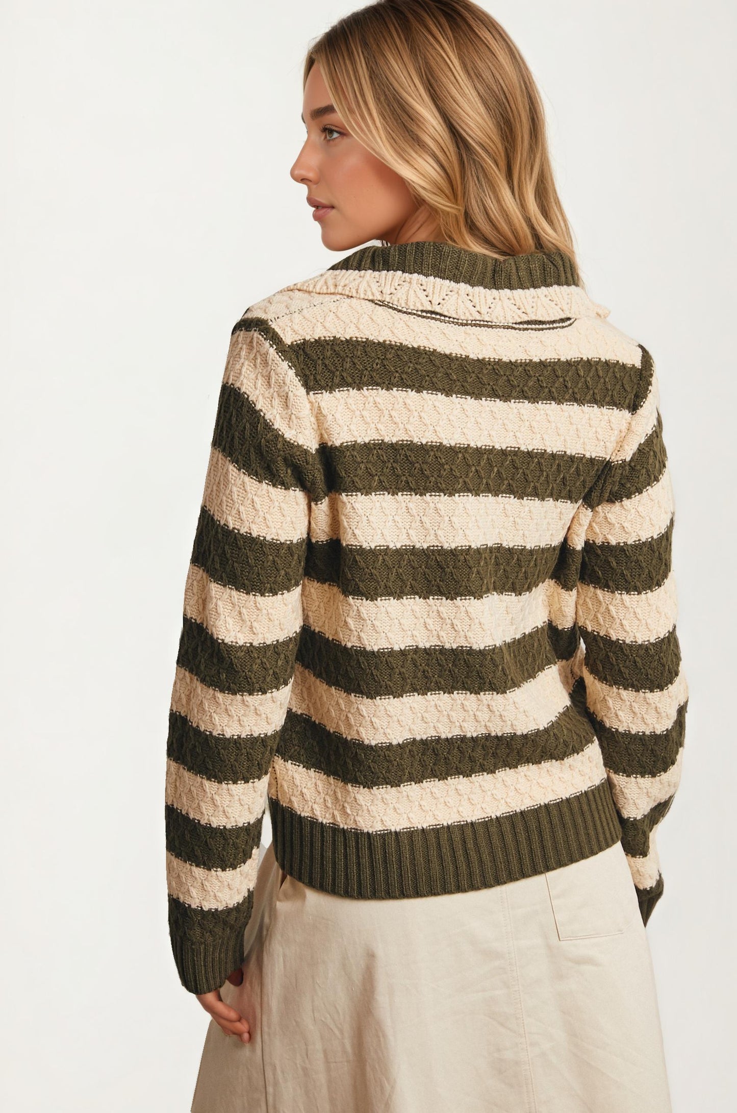 Striped Tie Front Cardigan with Textured Knit Detail