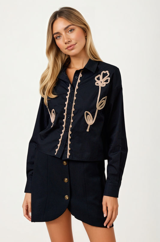 Embroidered Long Sleeve Blouse with Button Front