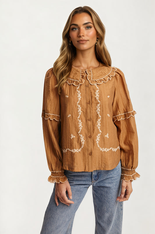 Ruffled Collar Embroidered Blouse with Long Sleeves