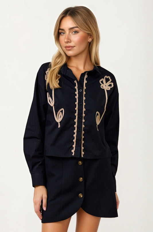 Embroidered Long Sleeve Blouse with Button Front