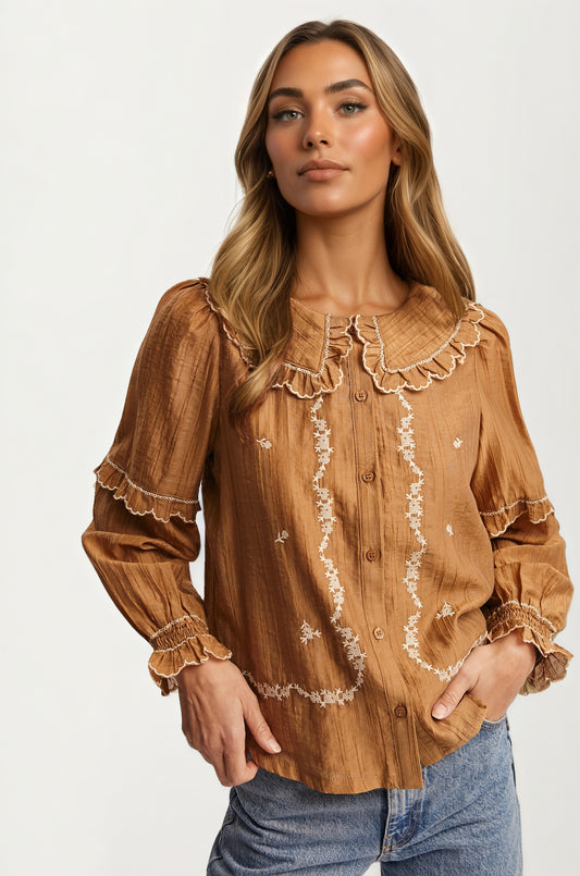 Ruffled Collar Embroidered Blouse with Long Sleeves