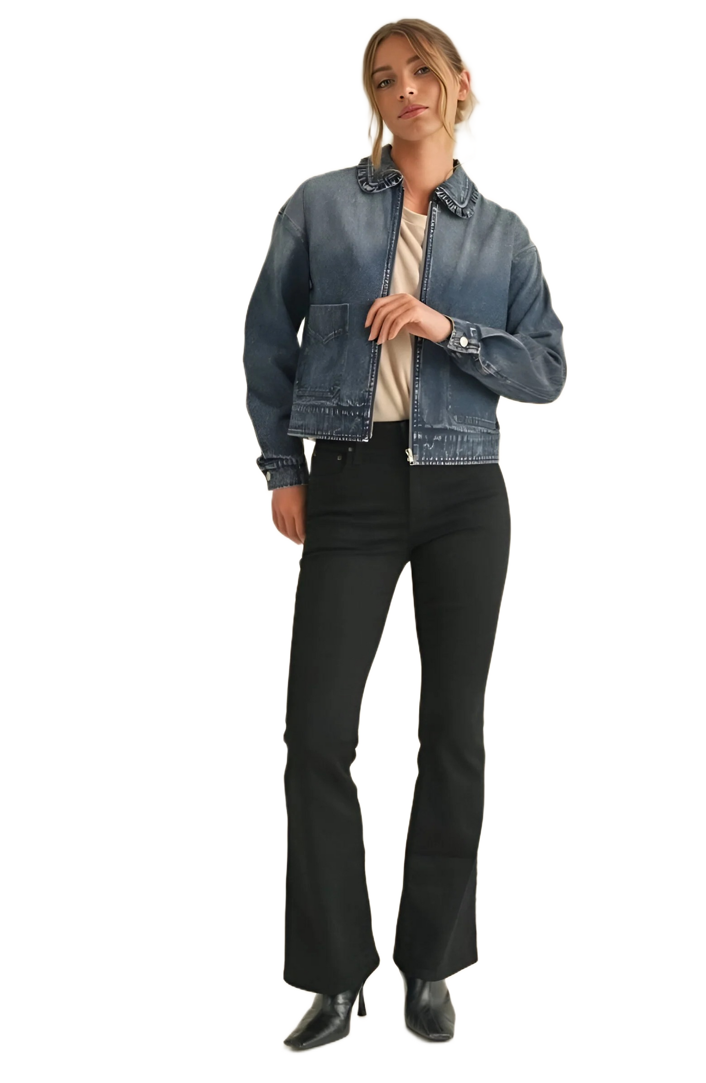 Cropped Zip-Front Denim Jacket