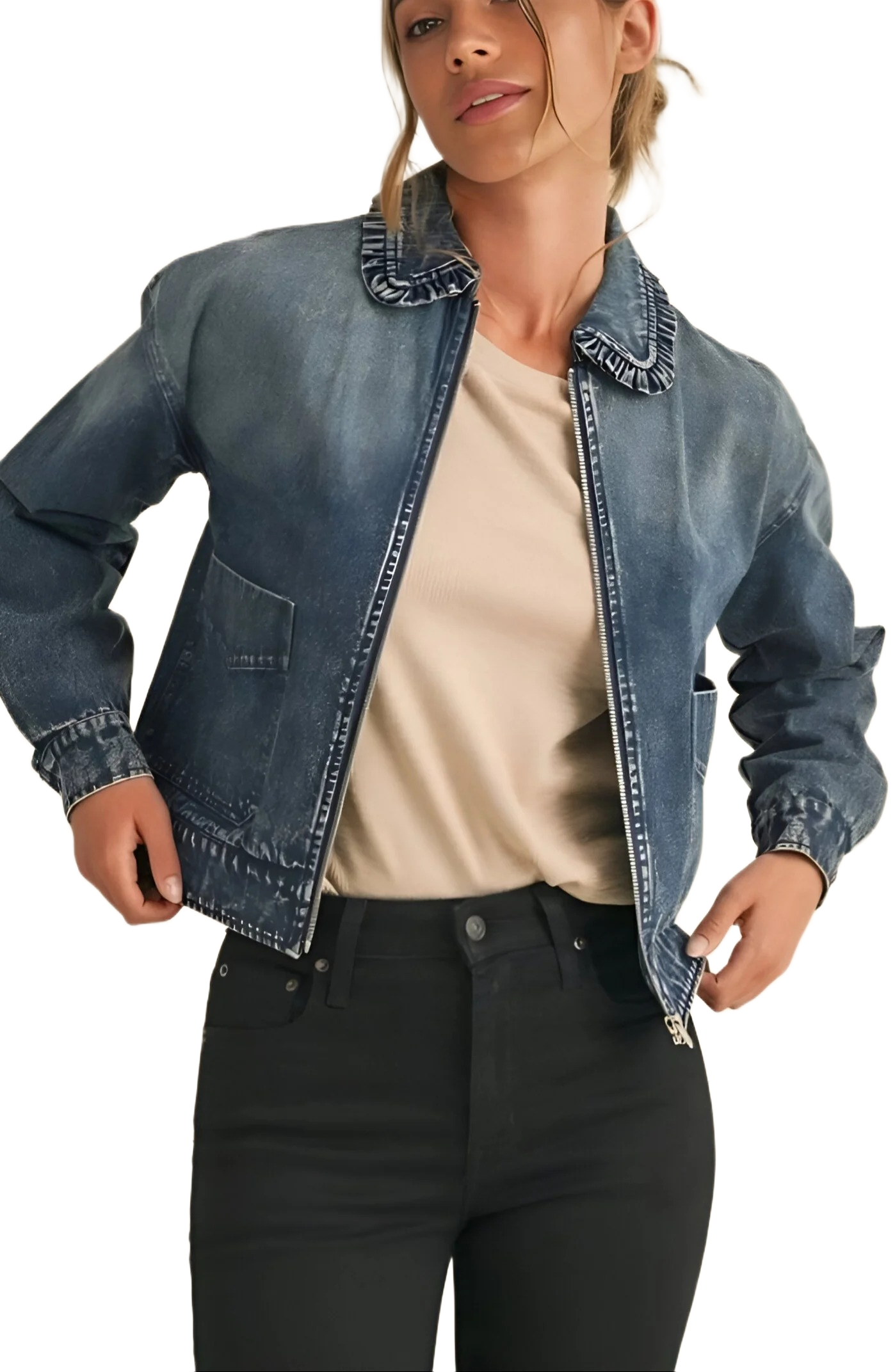 Cropped Zip-Front Denim Jacket