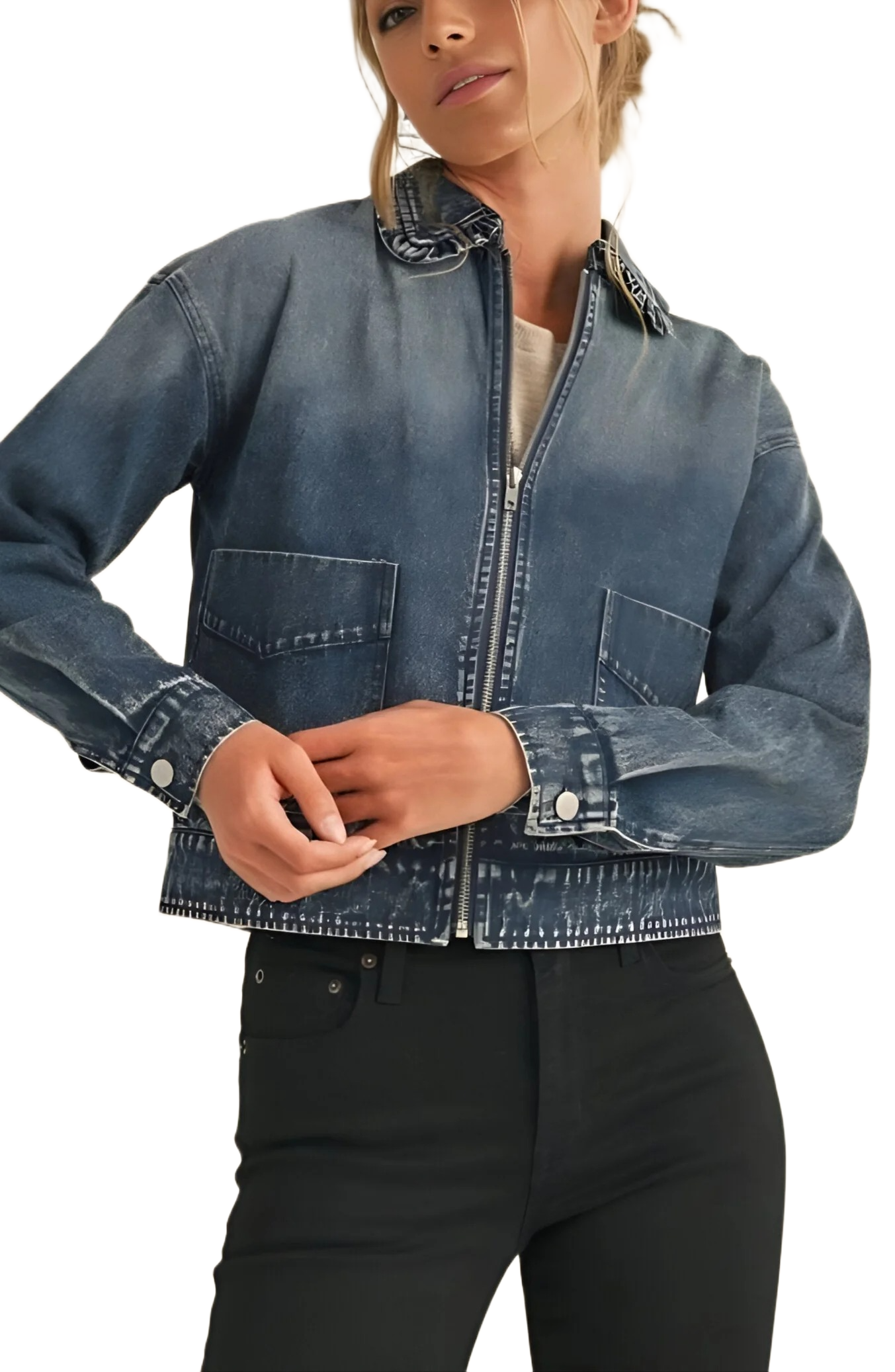 Cropped Zip-Front Denim Jacket