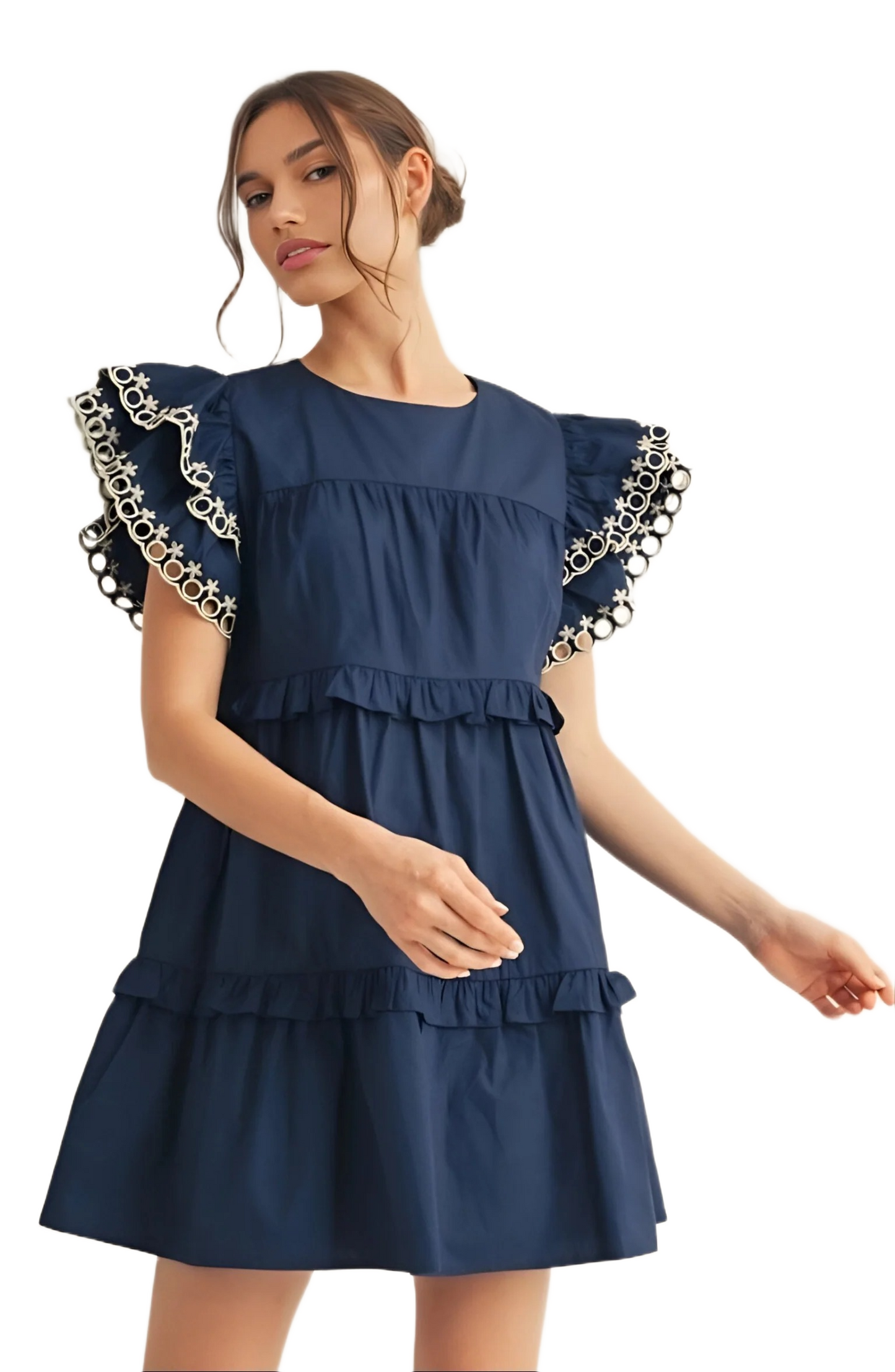 Navy Mini Dress with Embroidered Ruffle Sleeves