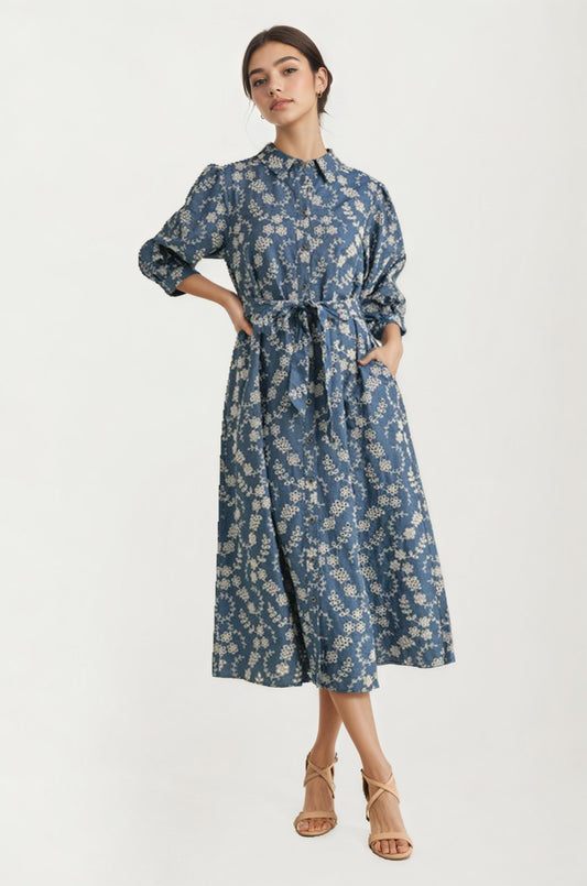 Collared Button-Front Midi Dress With Waist Tie And Pockets