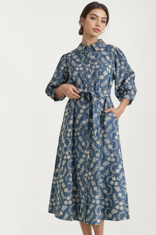 Collared Button-Front Midi Dress With Waist Tie And Pockets