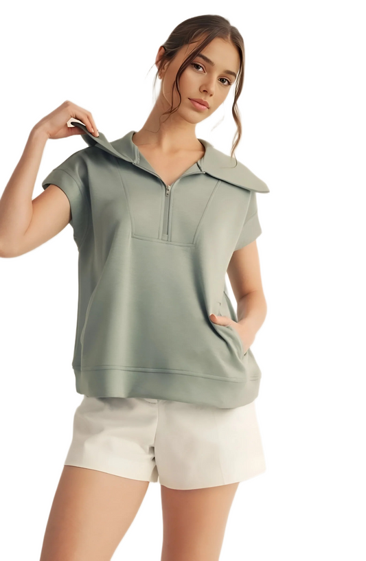Sage Green Sleeveless Top with Zip Front
