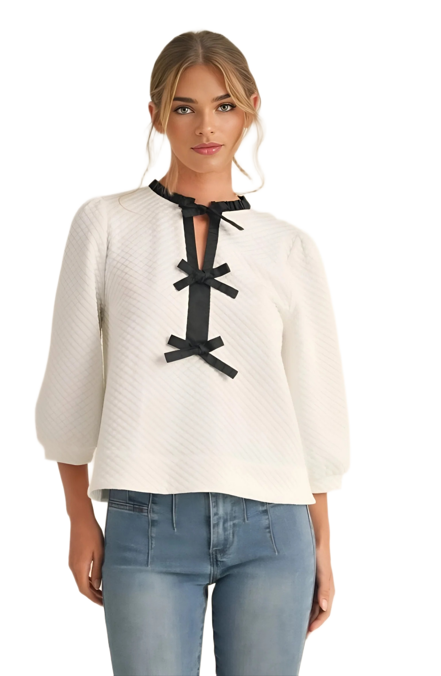 White Textured Blouse with Black Bow Details