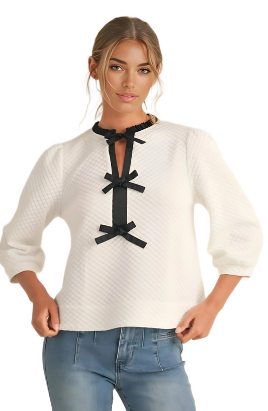 White Textured Blouse with Black Bow Details