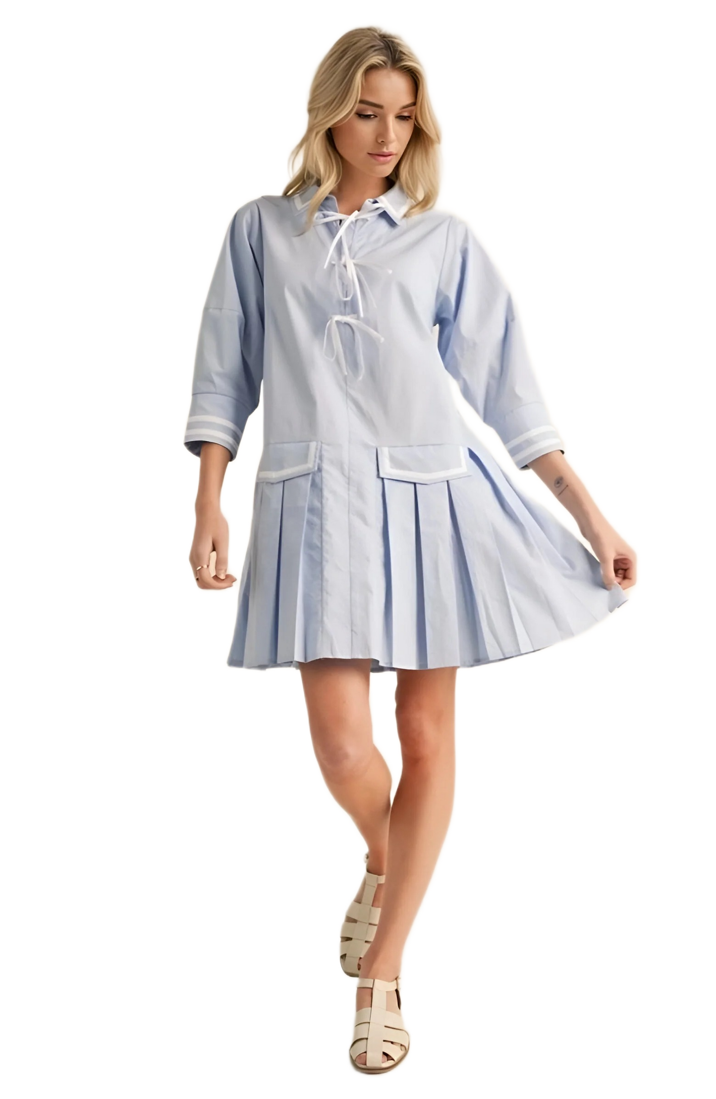 Light Blue Pleated Mini Dress with Front Ties