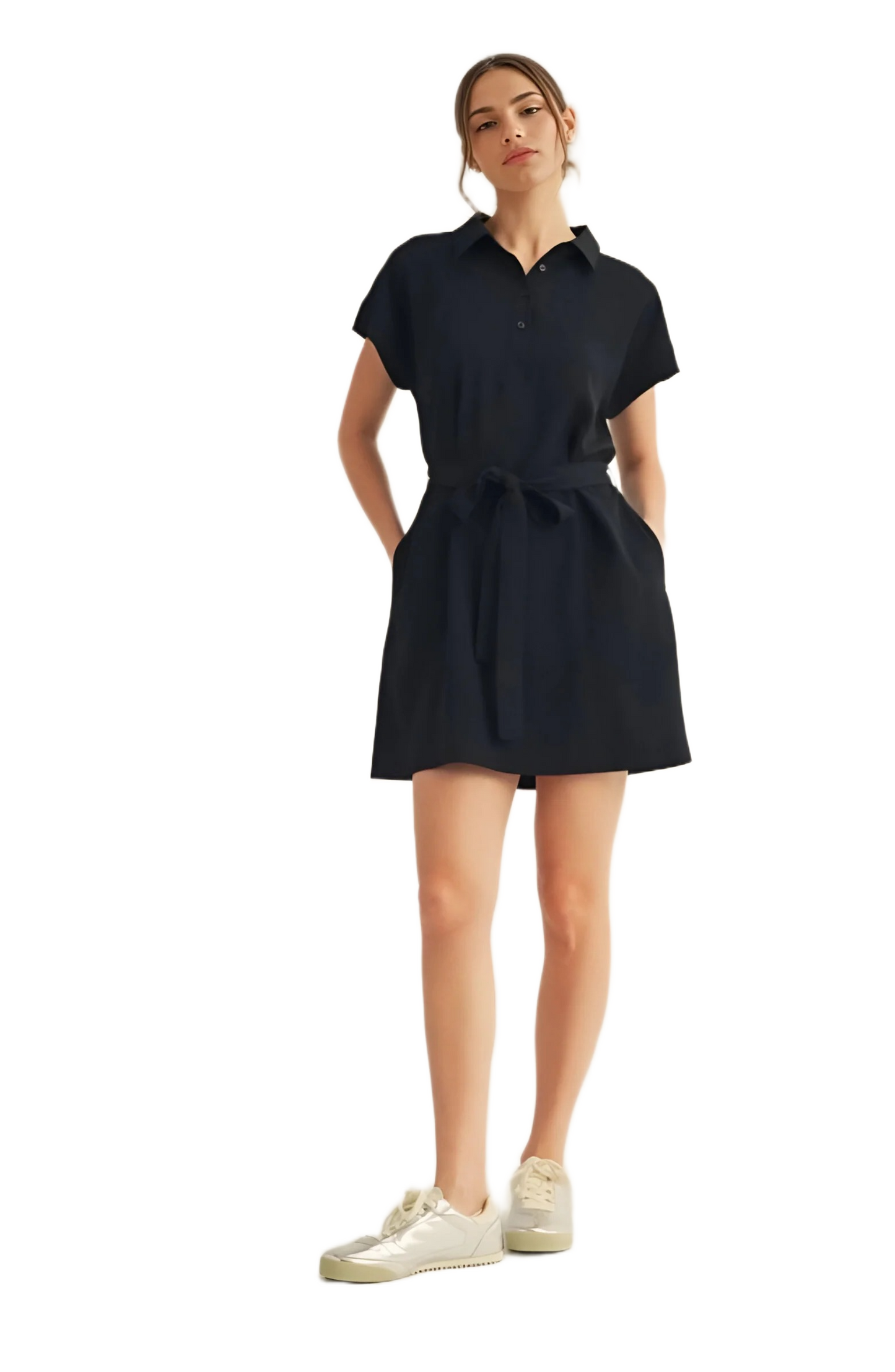 Black Collared Short Sleeve Mini Dress with Waist Tie