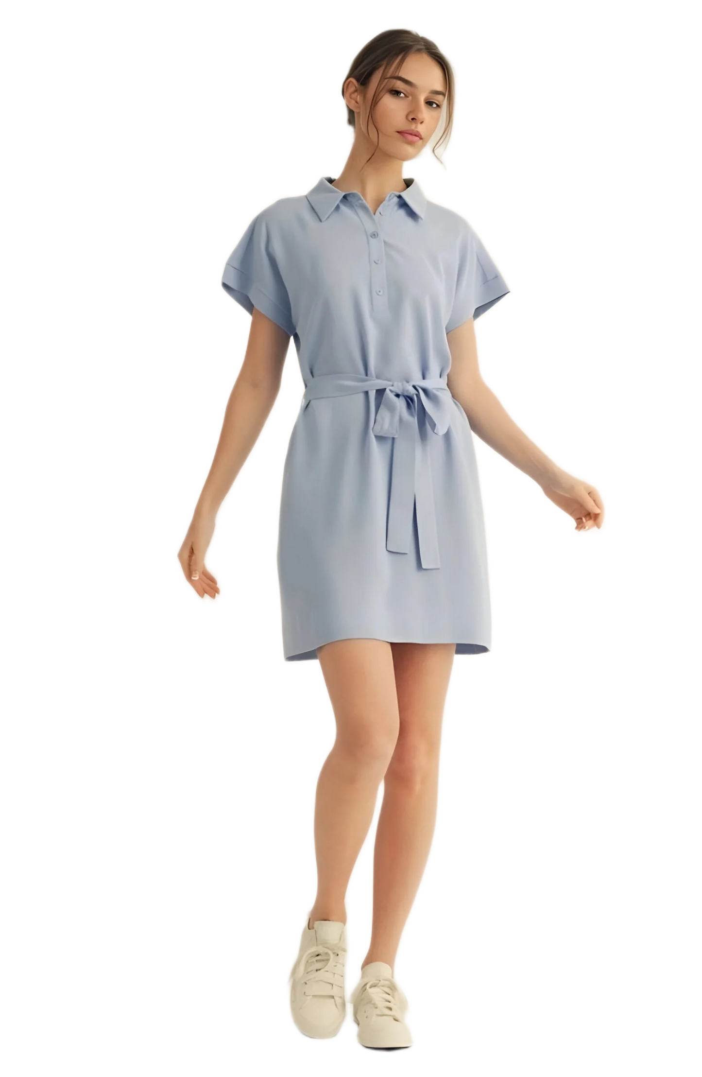 Light Blue Collared Short Sleeve Mini Dress with Waist Tie