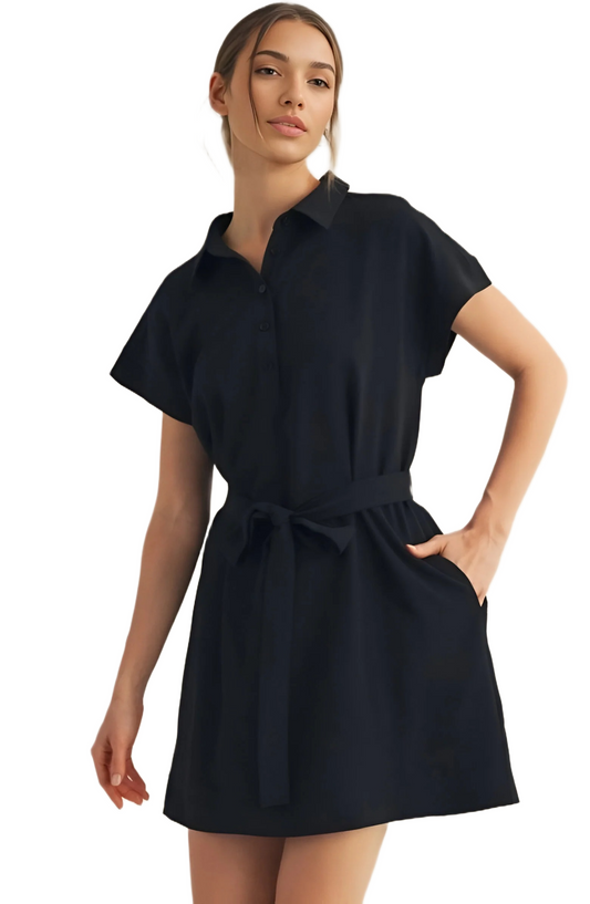 Black Collared Short Sleeve Mini Dress with Waist Tie
