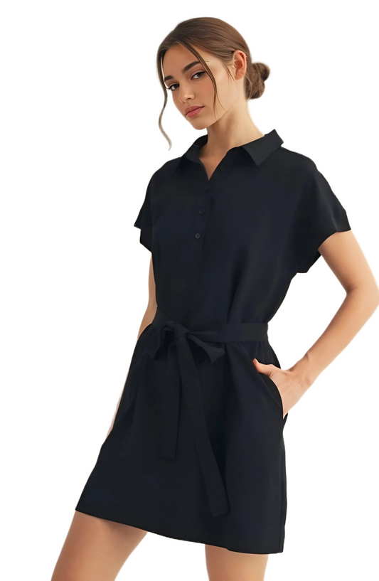 Black Collared Short Sleeve Mini Dress with Waist Tie