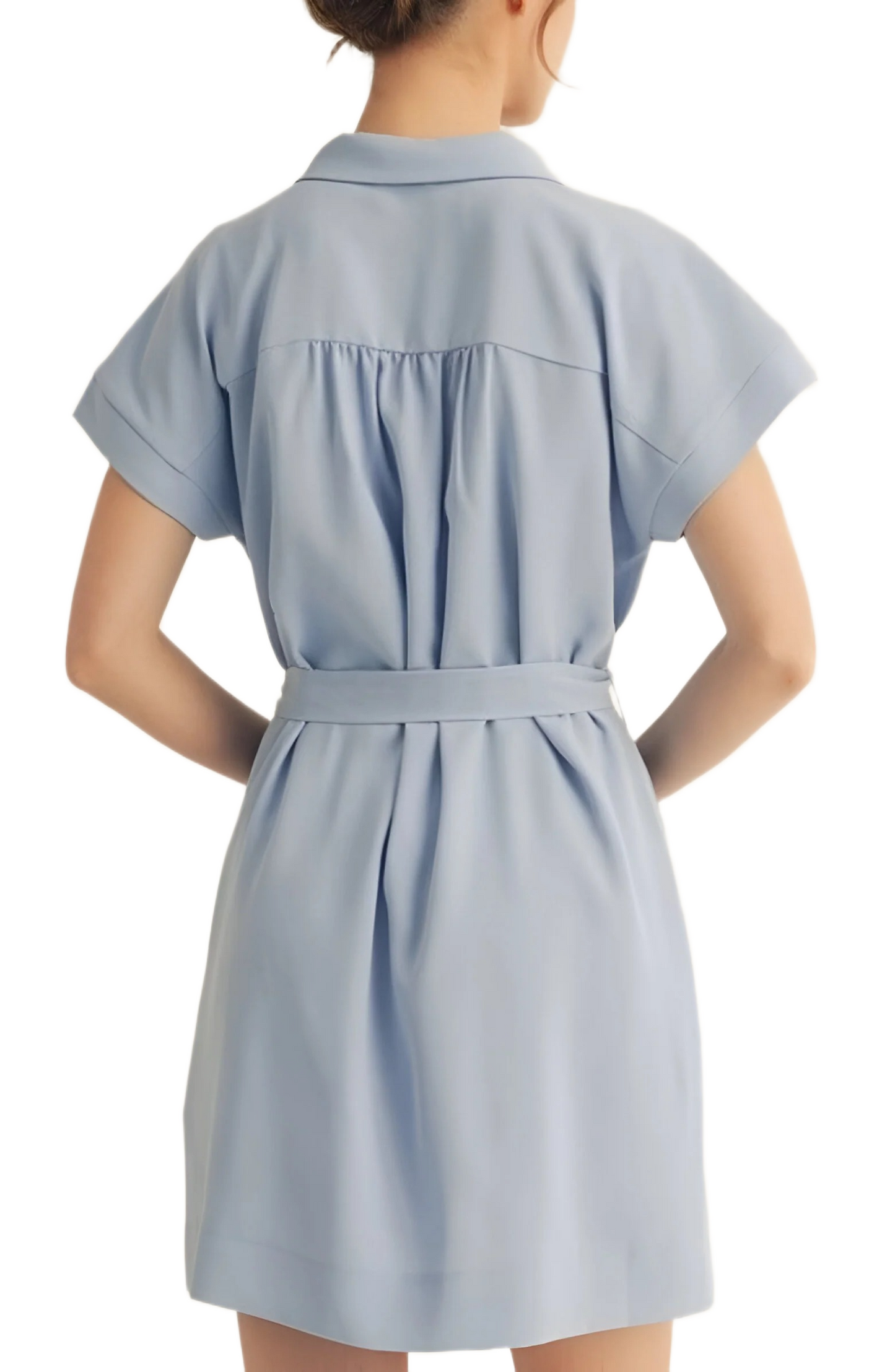 Light Blue Collared Short Sleeve Mini Dress with Waist Tie