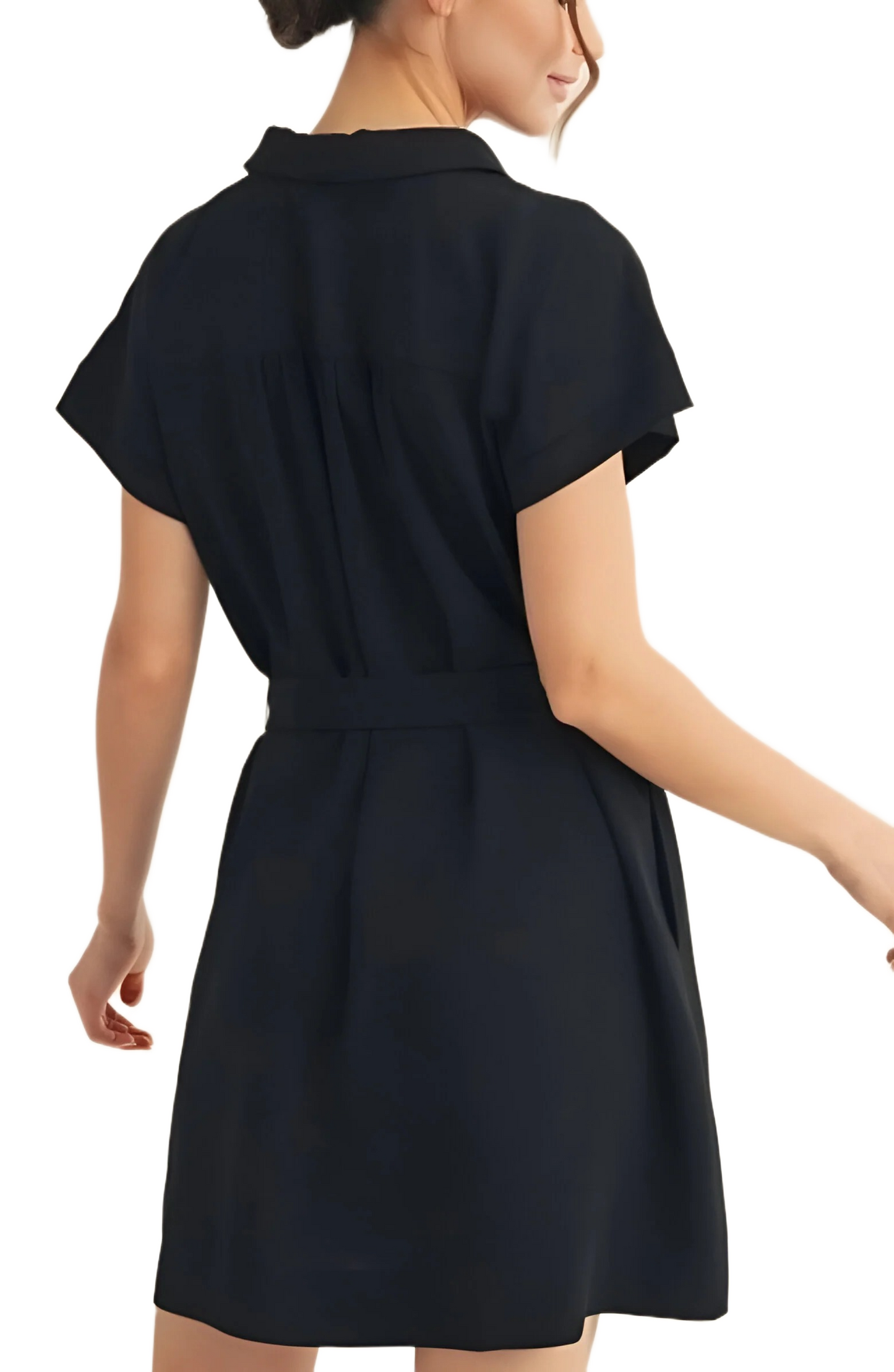 Black Collared Short Sleeve Mini Dress with Waist Tie