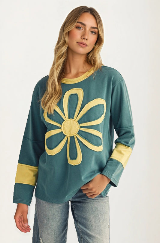 Long Sleeve Top with Bold Floral Applique and Relaxed Fit