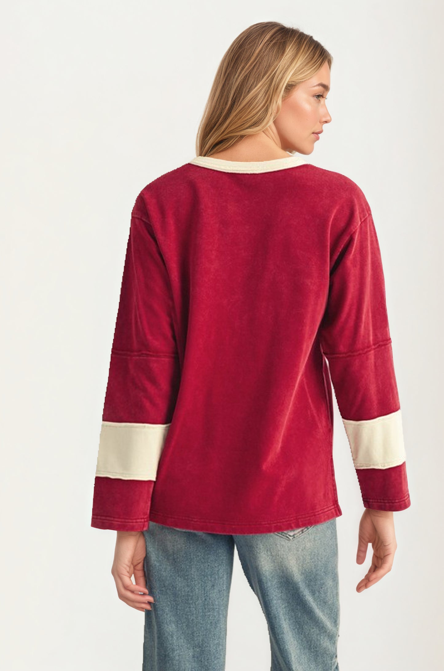 Long Sleeve Top with Bold Floral Applique and Relaxed Fit