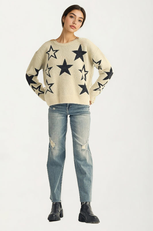 Cozy Star Pattern Sweater with Relaxed Fit and Soft Knit
