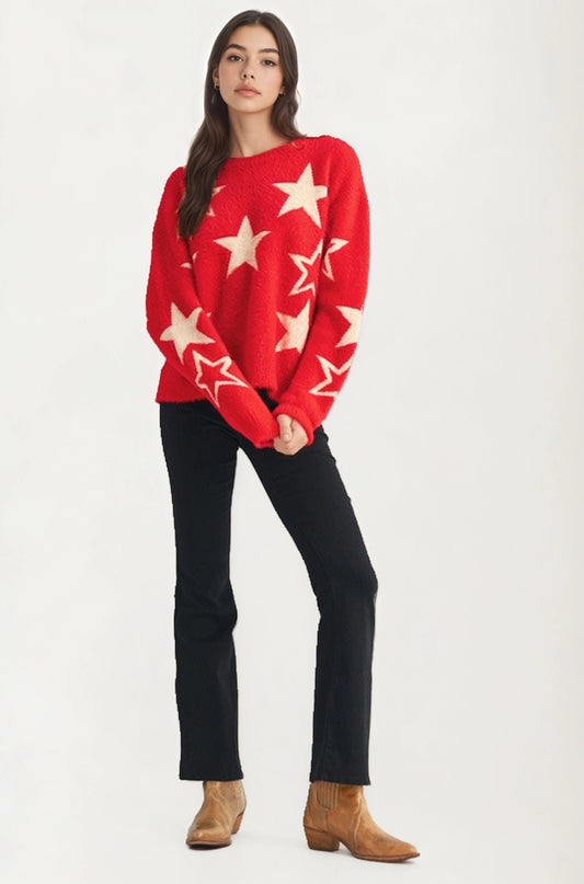 Cozy Star Pattern Sweater with Relaxed Fit and Soft Knit