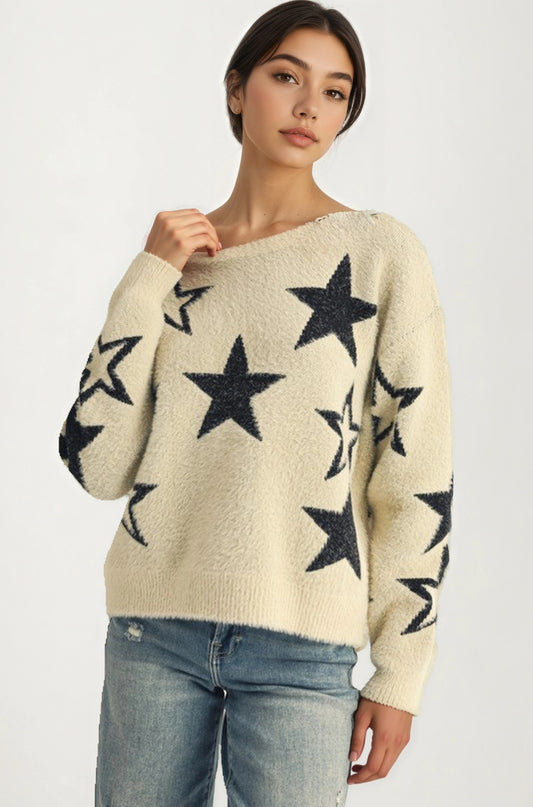 Cozy Star Pattern Sweater with Relaxed Fit and Soft Knit