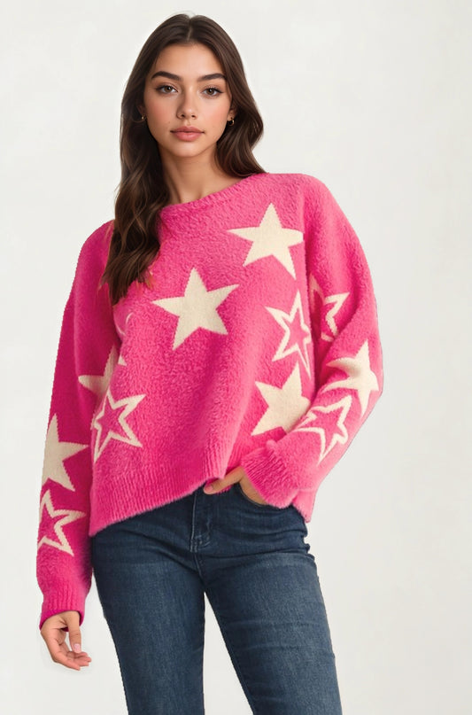 Cozy Star Pattern Sweater with Relaxed Fit and Soft Knit