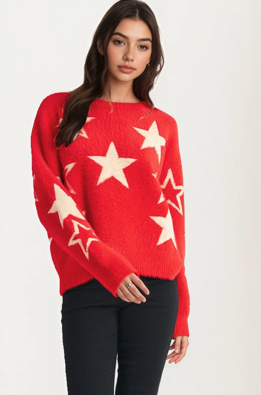 Cozy Star Pattern Sweater with Relaxed Fit and Soft Knit