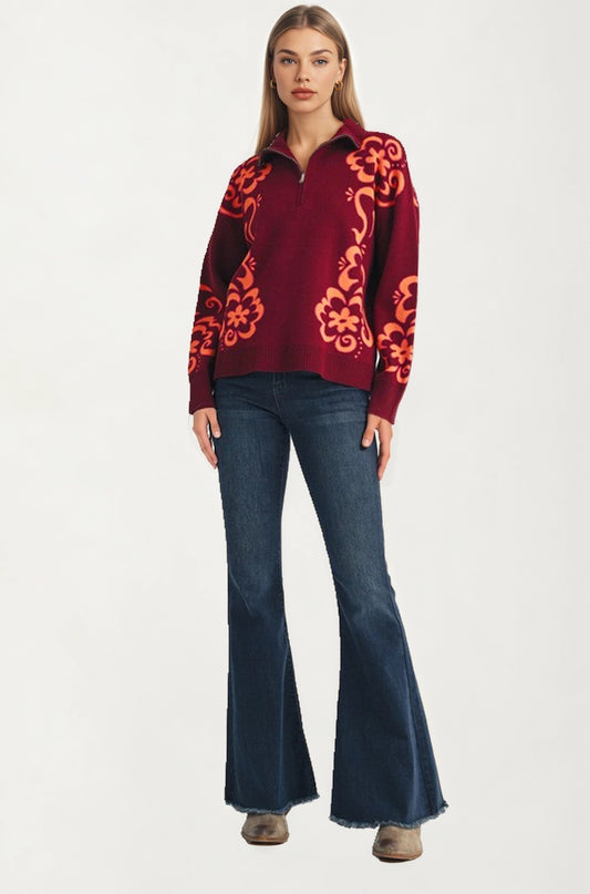 Floral Quarter-Zip Sweater with Ribbed Collar and Relaxed Fit