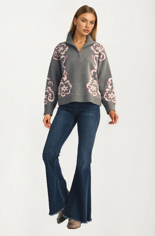 Floral Quarter-Zip Sweater with Ribbed Collar and Relaxed Fit