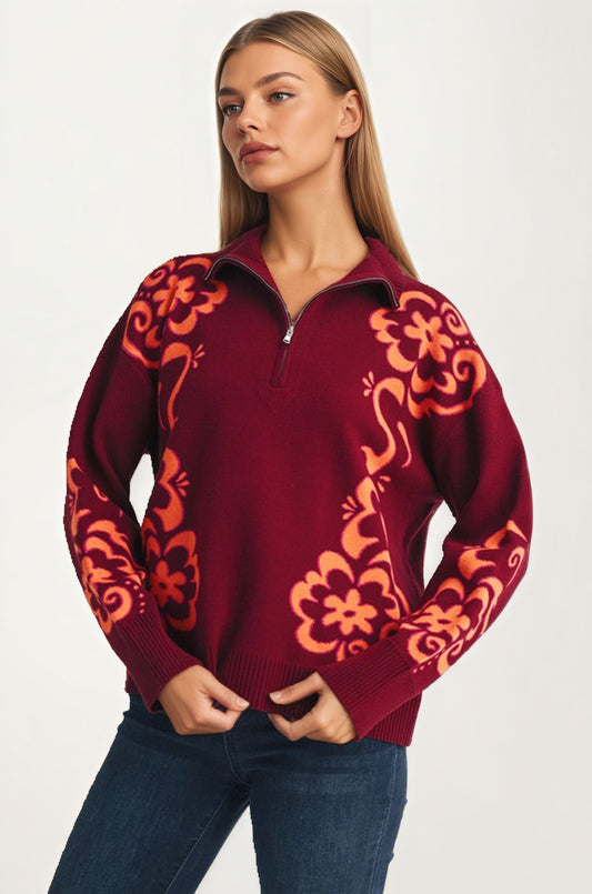 Floral Quarter-Zip Sweater with Ribbed Collar and Relaxed Fit
