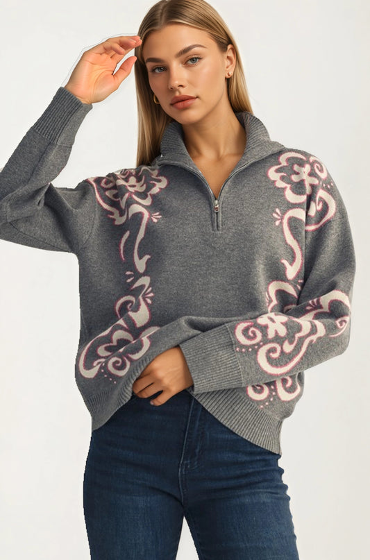 Floral Quarter-Zip Sweater with Ribbed Collar and Relaxed Fit
