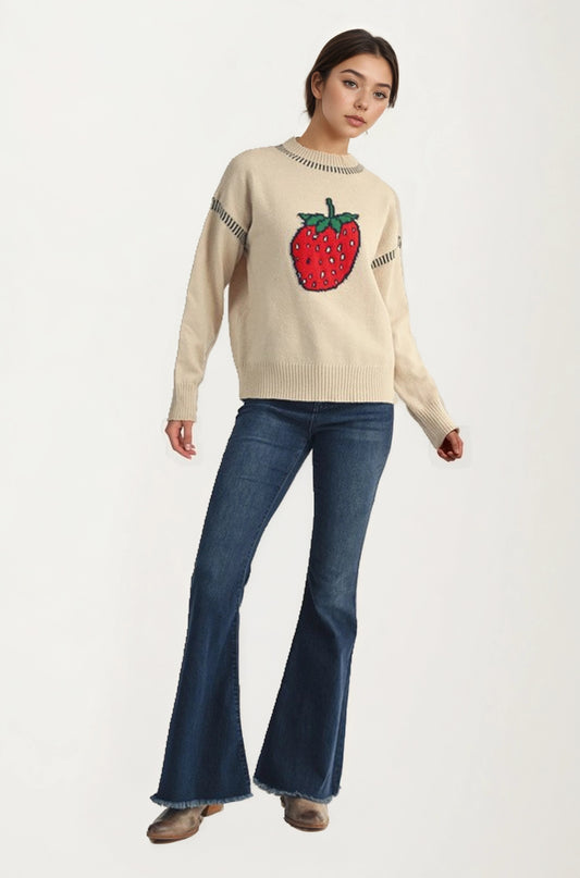 Playful Strawberry Knit Sweater with Ribbed Hem and Long Sleeves