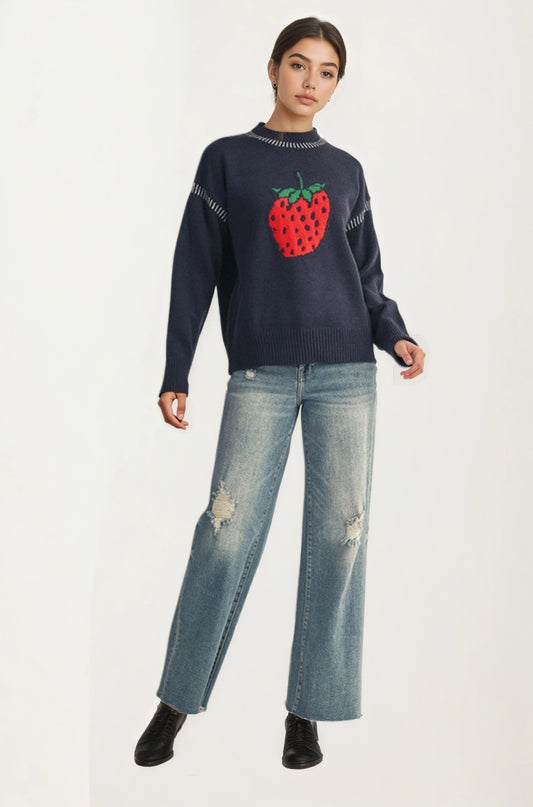 Playful Strawberry Knit Sweater with Ribbed Hem and Long Sleeves