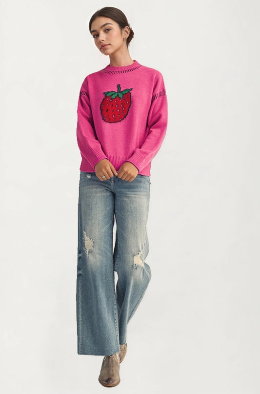 Playful Strawberry Knit Sweater with Ribbed Hem and Long Sleeves