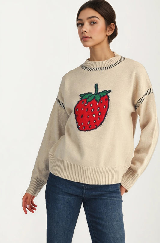 Playful Strawberry Knit Sweater with Ribbed Hem and Long Sleeves