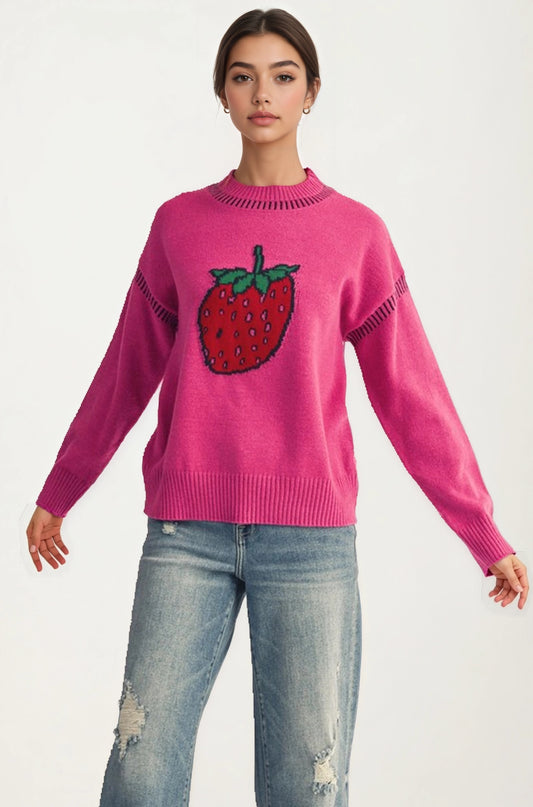Playful Strawberry Knit Sweater with Ribbed Hem and Long Sleeves