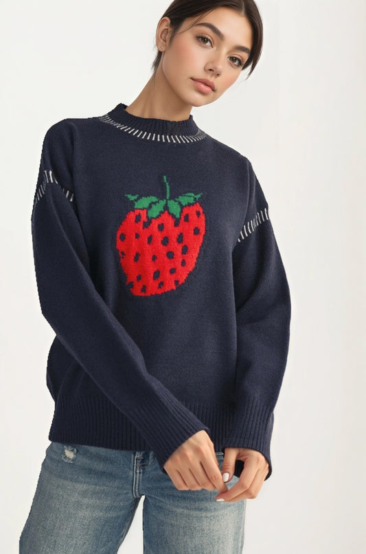 Playful Strawberry Knit Sweater with Ribbed Hem and Long Sleeves