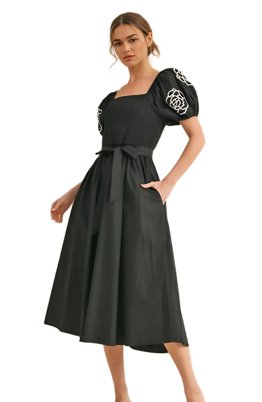 Black Puff Sleeve Smocked Bodice Midi Dress