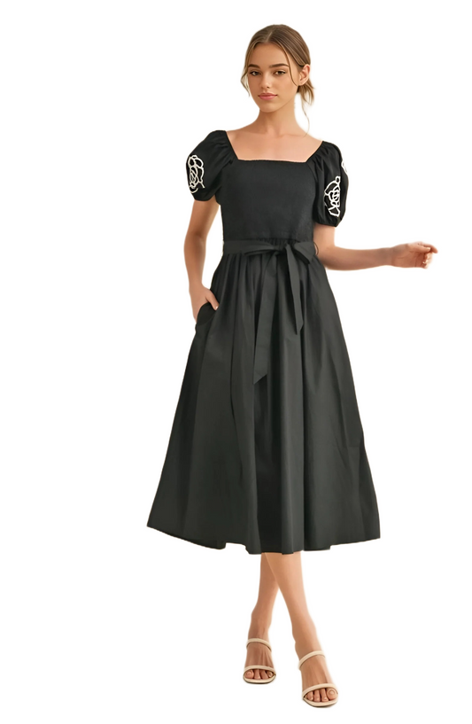 Black Puff Sleeve Smocked Bodice Midi Dress