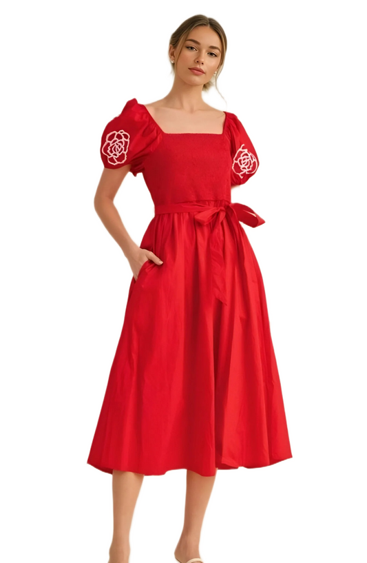 Red Puff Sleeve Smocked Bodice Midi Dress