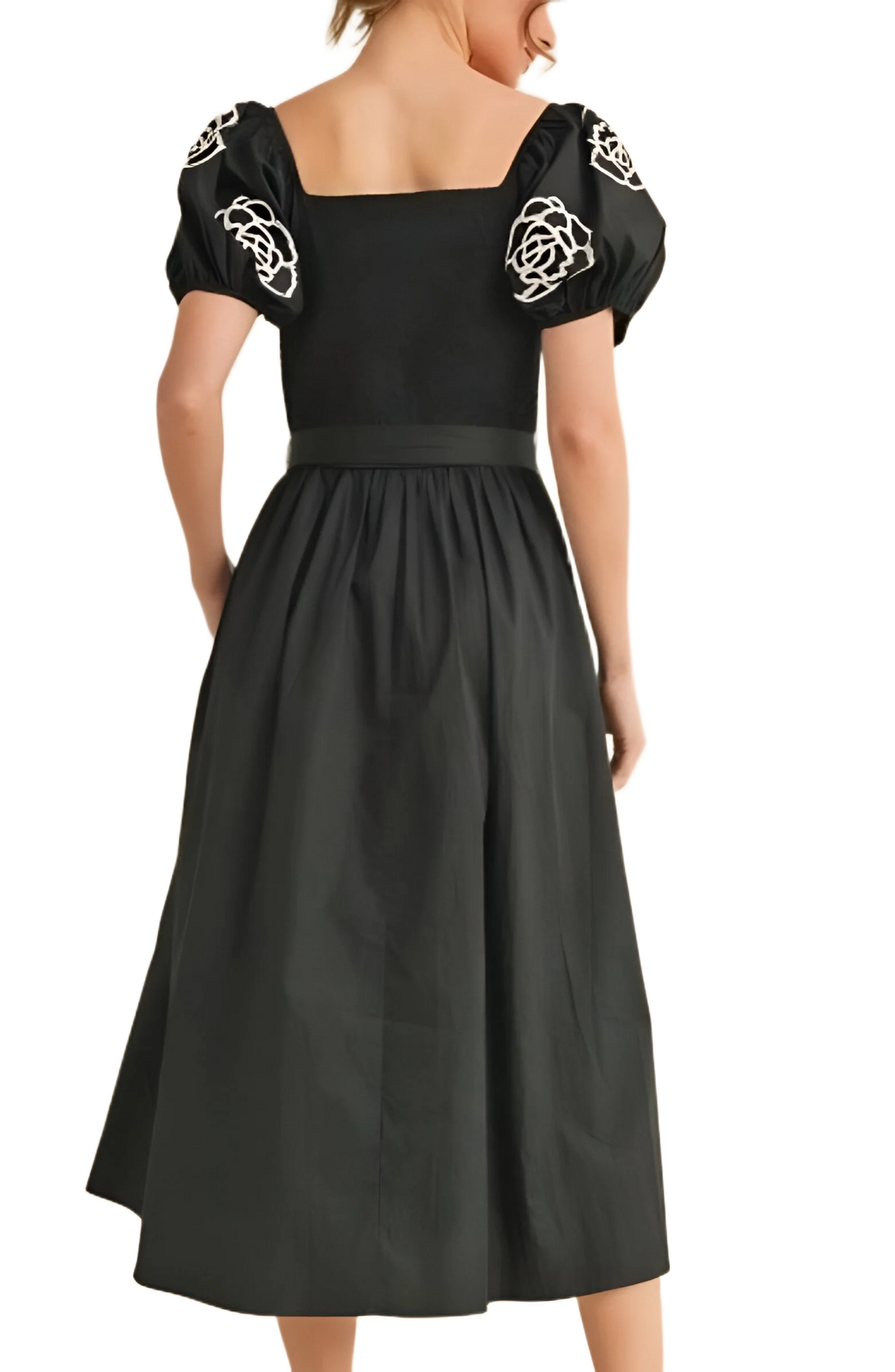 Black Puff Sleeve Smocked Bodice Midi Dress