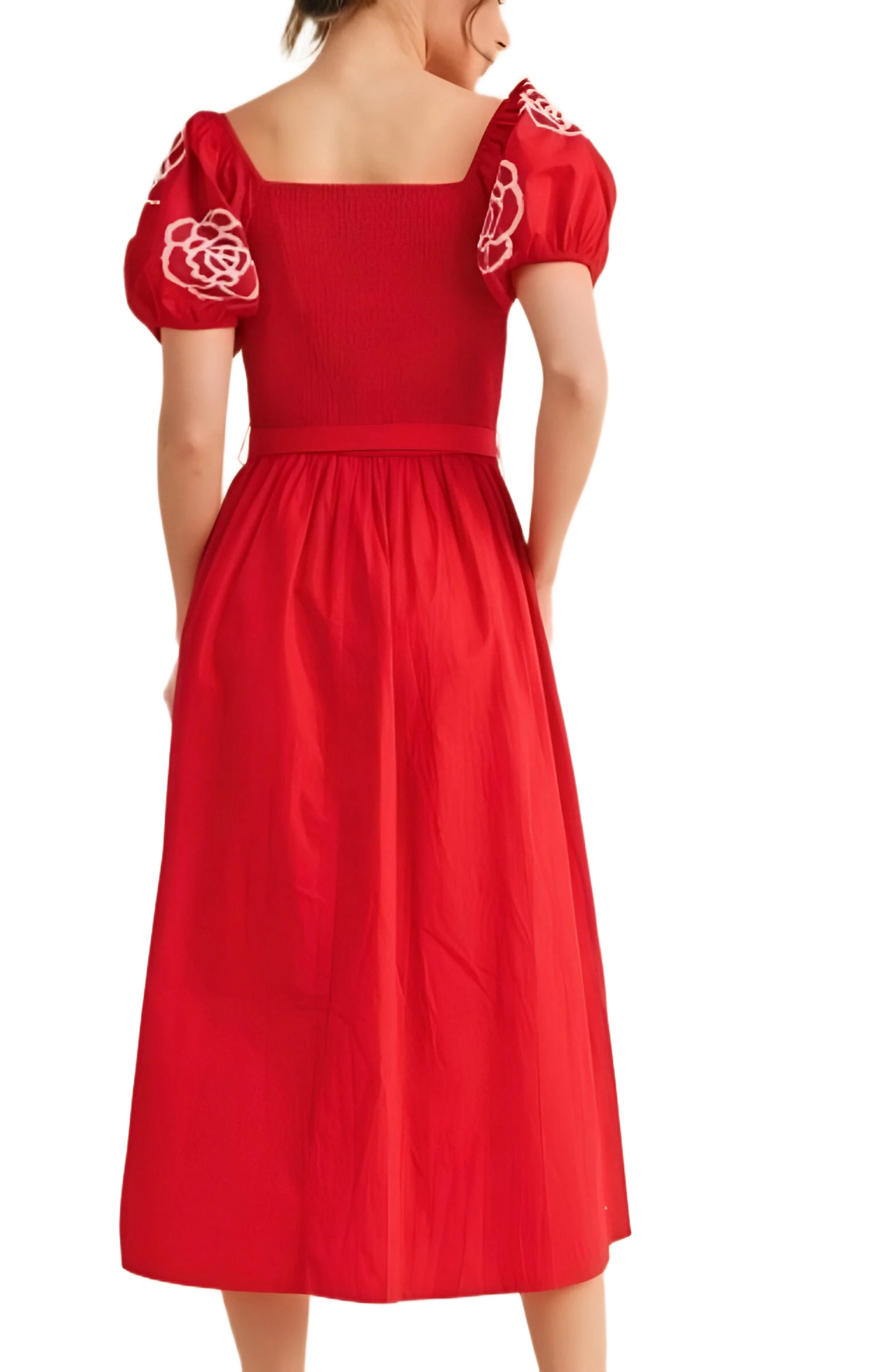 Red Puff Sleeve Smocked Bodice Midi Dress