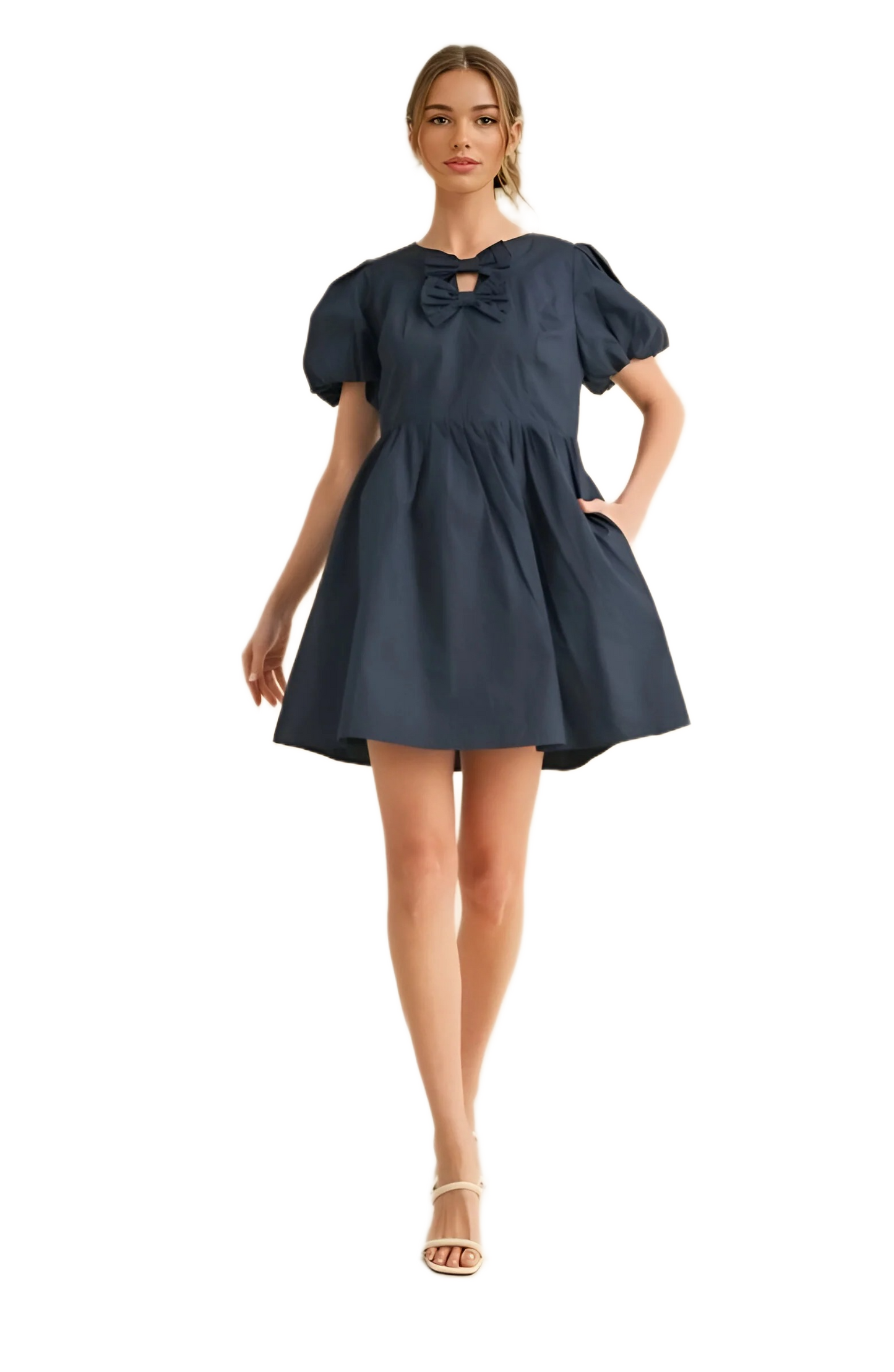 Navy Puff Sleeve Mini Dress with Bow Detail