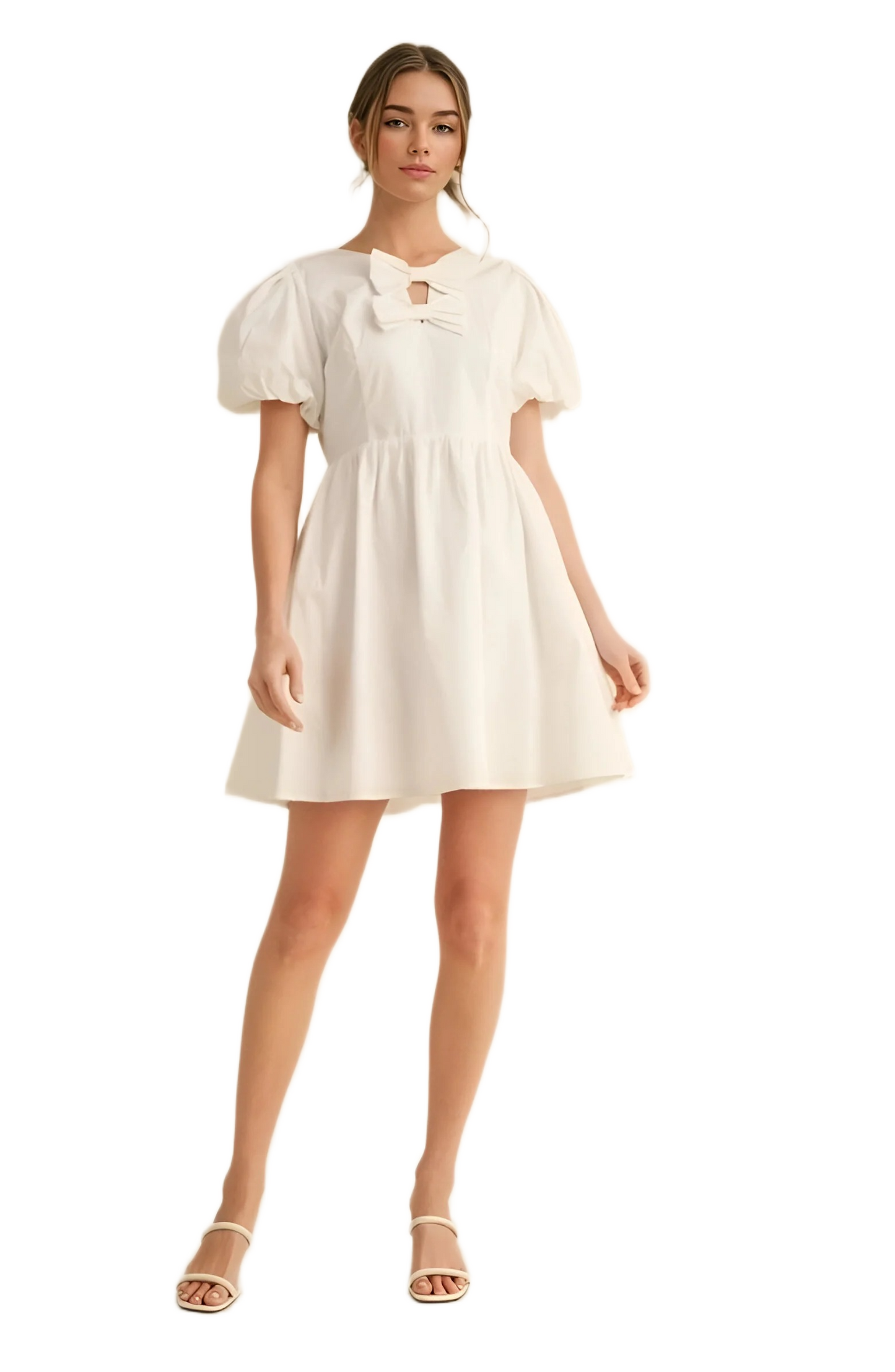 White Puff Sleeve Mini Dress with Bow Neckline