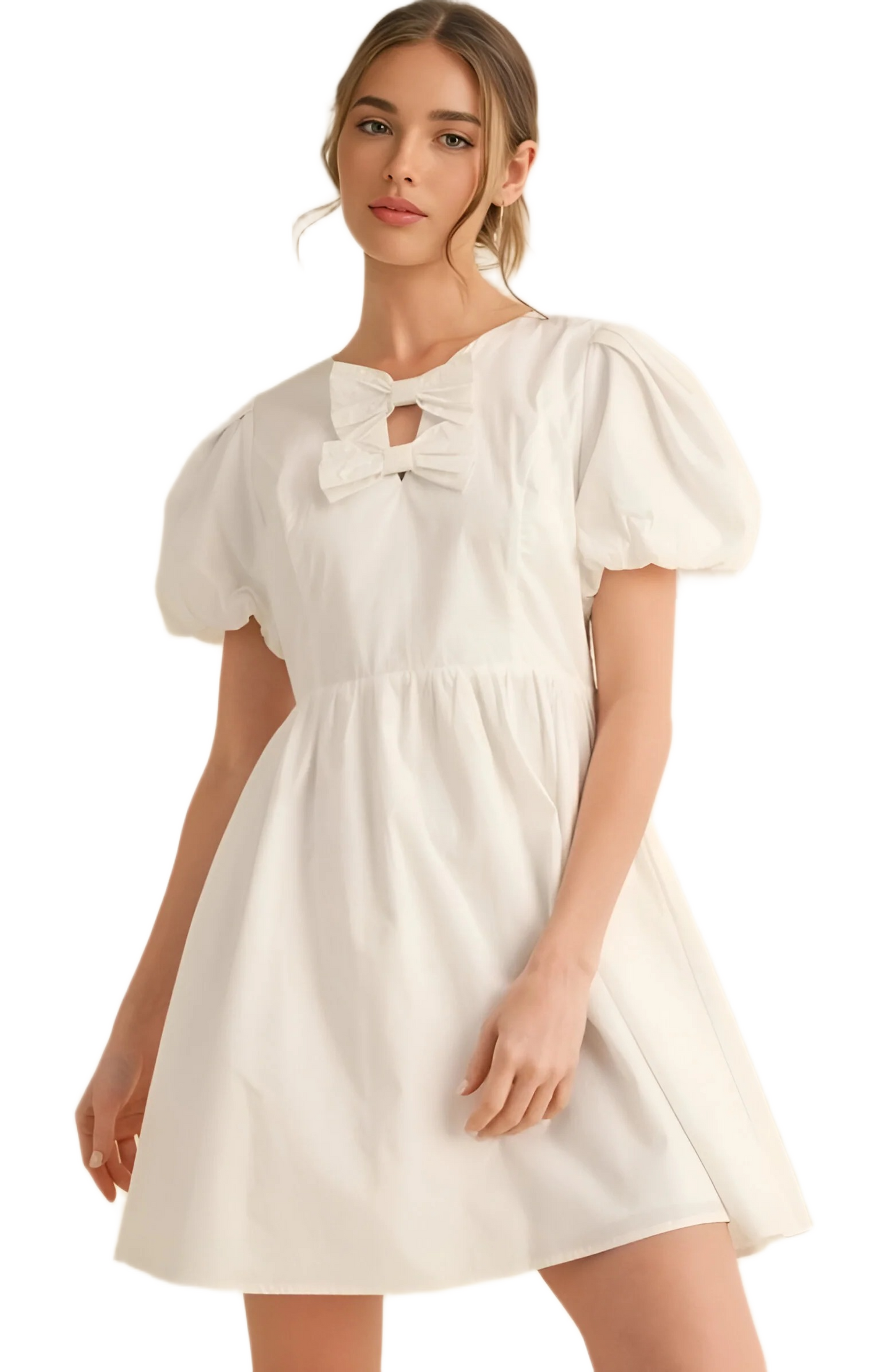 White Puff Sleeve Mini Dress with Bow Neckline