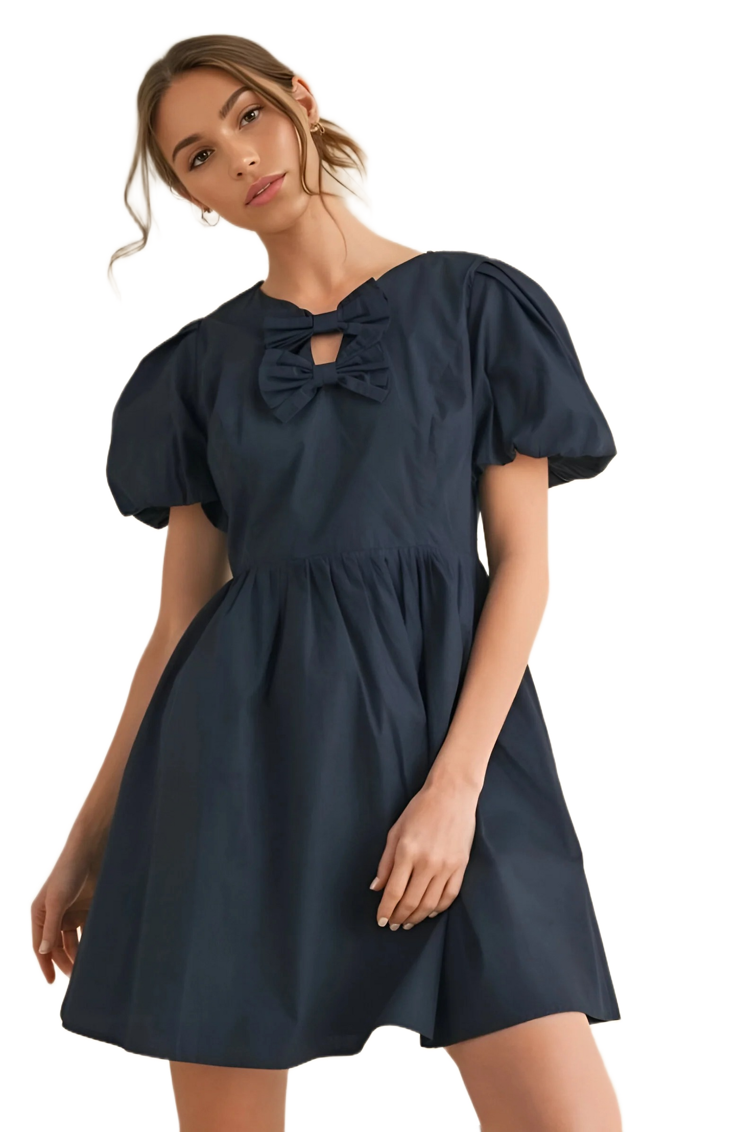 Navy Puff Sleeve Mini Dress with Bow Detail
